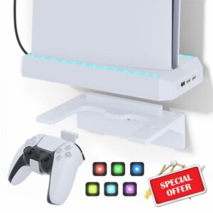 Aukuoy Wall Mount Kit for PS5 Slim Accessories: RGB Wall Mount Bracket with 2 Removable Controller Holder