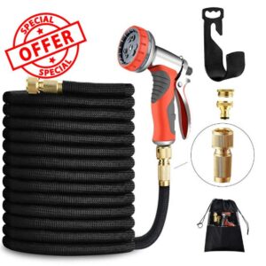 LUFENG UPGRADED Expandable Hose 150FT 45M Garden Hose with Double Latex Core Hose Pipe Solid Brass Fittings 9 Function Metal Spray Gun Nozzle Wall Hanger for Gardening Car Washing Pet Bathing (150FT