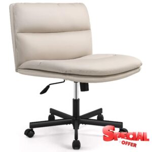 EMIAH Armless Office Desks Chair with Wheels PU-Padded Vanity Chair Mid-Back Ergonomic Home Office Computer Chair Comfortable Adjustable Swivel Task Chair with Thickened Cushio