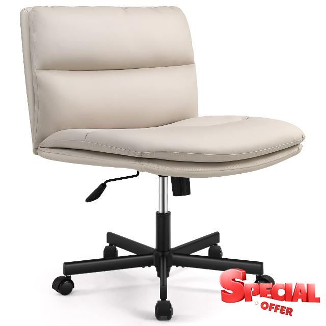 EMIAH Armless Office Desks Chair with Wheels PU-Padded Vanity Chair Mid-Back Ergonomic Home Office Computer Chair Comfortable Adjustable Swivel Task Chair with Thickened Cushio
