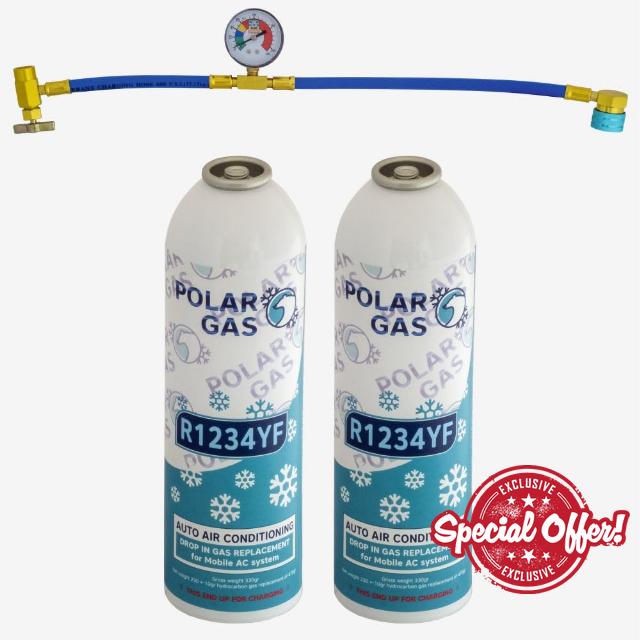 2KGCA CAR Aircon Refill Regas Air Condi Top up R1234YF Gas Hose Replacement 444gr x 2+Hose/Gauge