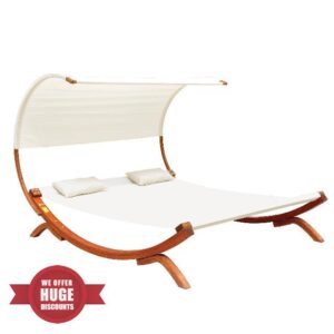 Outsunny Hammock Chaise Day Bed with Canopy Wooden Double Sun Lounger - Cream
