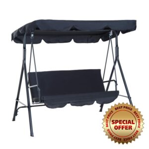 Outsunny 3 Seater Canopy Swing Chair Garden Rocking Bench Heavy Duty Patio Metal Seat w/Top Roof - Black