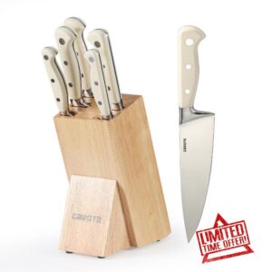 CAROTE 6 Pieces Knife Set with Wooden Block High Carbon Stainless Steel Knives Dishwasher Safe with Sharp Blade Ergonomic Handle Forged Triple Rivet-Pearl White