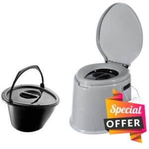 Large 5L Compact Portable Toilet Potty Loo with Seat Washable Basket and Toilet Roll Holder for Pool Party Camping Caravan Picnic & Festivals Outdoo