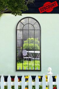 MirrorOutlet Large New Black Multi Panelled Arched Window Garden Outdoor Mirror 4ft7 x 2ft2