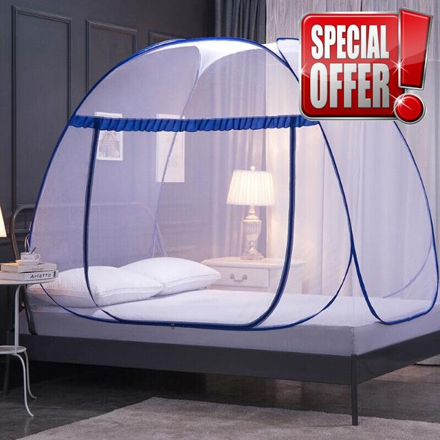 Mosquito Net Bed Canopy Pop Up Foldable Double Door Easy to Setup with Bottom Anti Mosquito Bites for Bed Camping Travel Home Outdoor Blue King Size
