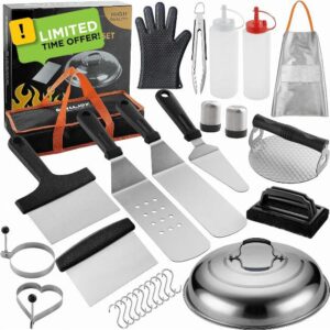 grilljoy 28-Piece Griddle Spatulas Kit with Cleaning Kit for Teppanyaki Camping Cooking - Complete Griddle Tools Set in Carrying Storage Bag - Basting Cover