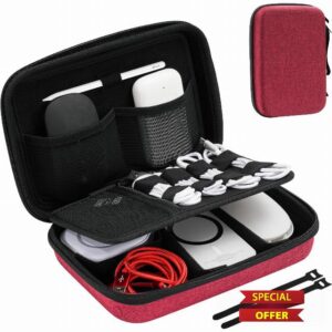 ProCase Hard Travel Electronic Organizer Case for MacBook Power Adapter Chargers Cables Power Bank Apple Magic Mouse Apple Pencil USB Flash Disk SD Card Small Portable Accessories Bag -Wine
