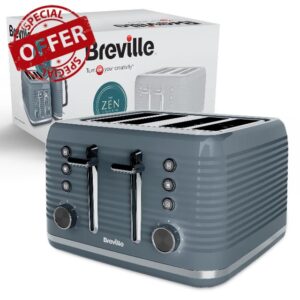 Breville Zen 4-Slice Grey Toaster with High Lift & Wide Slots | Grey & Silver Chrome [VTR027]