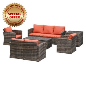 Outsunny 6 Pieces Rattan Garden Furniture Set Wicker Outdoor Sofa Sectional Patio Conversation Furniture Set w/Storage Table and Cushions
