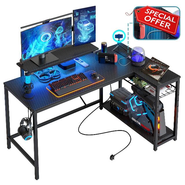 Bestier L Shaped Desk with Power Outlets & LED Lights Reversible 132CM Corner Desk with Shelves Larger PC Workstation with Hooks for Home Office Studying Desk for Bedroom