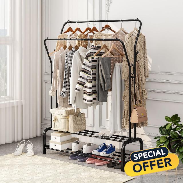 JURMERRY Metal Clothes Rail Double Pole Coat Rack Freestanding Garment Rack Hanger With 2-Tier Lower Storage Shelf for Bedroom Home Office Indoor