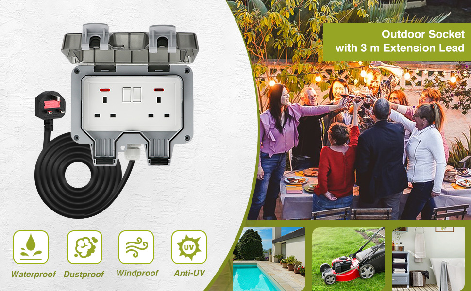 Outdoor Double Plug Sockets with 3 m Extension Lead