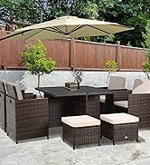 Outsunny 7 Pieces Garden Dining Set, Outdoor PE Rattan Table and Chair Sets w/Glass Top and Cushi...
