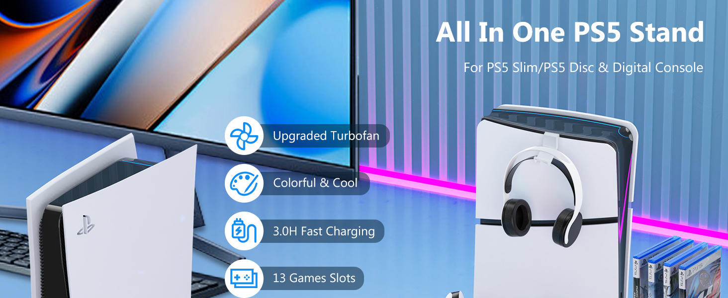 PS5 Slim Stand Cooling Station with Controller Charging Station for Playstation 5 PS5 Accessories