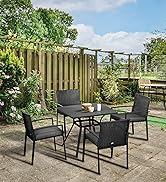 Outsunny 6 Pieces Rattan Garden Furniture, 4 Seater Rattan Dining Set Outdoor with Umbrella, Cush...