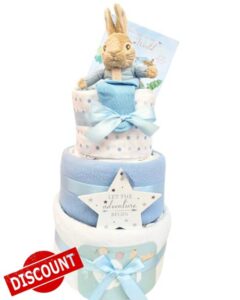 Peter Rabbit Baby Boy Gift Welcome to The World 3 Tier Nappy Cake for New Parents & Baby Boy Blue Newborn Baby boy Gift hampers
