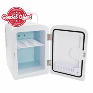Global Gizmos 33269 White Mini Fridge/Table Top Fridge for Bedrooms/Portable Design with Carry Handle / 4 Litre Capacity/Ideal for Snacks