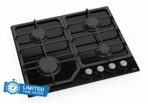 Ferre SA025-60cm Built-in Gas Hob - 4 Burners - Black Glass - Cast Iron Pan Supports