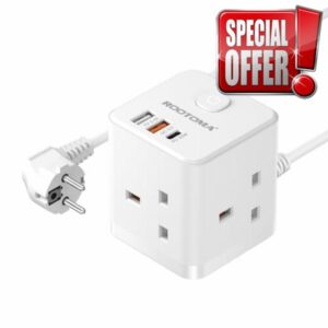 UK to European Plug Adapter with 1.5M Extension Cable 3 Way 3 Fast Charging USB (QC3.0/PD20W) Compact Cube Type E/F Travel Adapter for Germany France Spain Poland Greece Netherlands etc.