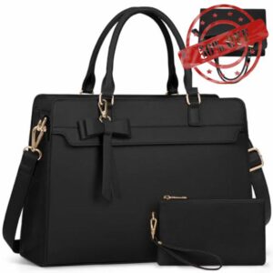 RAINSMORE Laptop Bags for Women 15.6 Inch Large Laptop Tote Bag PU Leather Ladies Laptop Handbag with Clutch Bag Water Resistant Work Bags for Business Office School Casual Black