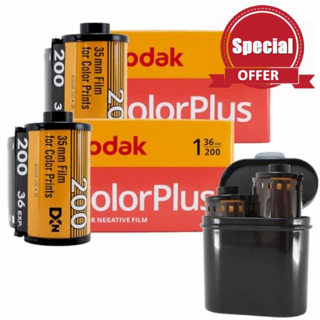 35mm film camera Bundle: 2 rolls of Kodak 35mm film colour Colorplus 200 36 exposures and a 2 film roll 35mm case