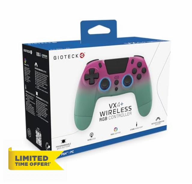 Gioteck VX4+ Wireless Controller for PlayStation 4 (PS4) - Pink Teal - Customisable RGB Lighting and Programmable Back Buttons - Bluetooth Compatible