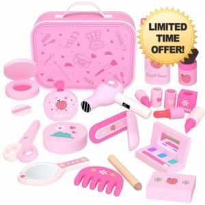 GAGAKU Wooden Makeup Set Kids Pretend Makeup Sets Wooden Toy Kit Montessori Fake Makeup Play Dress Up Kit with Hair Dryer Mirror for Toddler Children Little Girls Perfume Gifts Ages 3 +