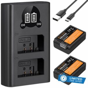 K&F Concept 1600mAh EN-EL25 Battery and Dual USB C Micro B Battery Charger for Nikon Z Series Z30 Z50 ZFC Cameras