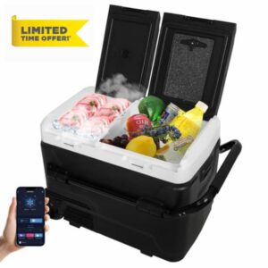 ARTETHYS Camping Fridge 50L Car Fridge Car Refrigerator 12V Portable Freezer with APP Control Dual Zone Compressor -20°C to 20°C with 12/24V DC 240V AC for Camping Travel Caravan RV            [Energy Class E]