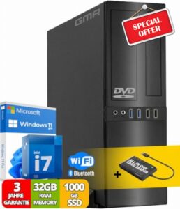 Desktop PC with Intel i7 8-Thread 4.00 GHz | 32GB DDR3 | 1000GB SSD | DVD±RW | Smart ID Card Reader 5-in-1 | USB3 | WiFi 600 and Bluetooth 5 | Windows 11 Professional 64-Bit | Multimedia Compute