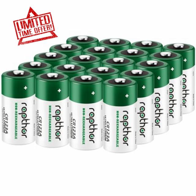 Rapthor 1800mAh CR123A 3V Lithium Batteries CR123 123A CR17345 Non-rechargeable Battery for Flashlights Smoke Detector Alarm System (Pack of 20)