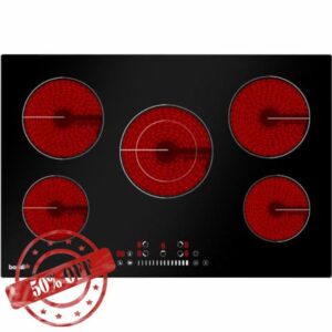 77cm 8200W 5 Zone Ceramic Burner Electric Hob - Black Glass Touch Control Flush