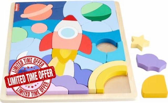 Fisher-Price Preschool Toy Wooden Space Jigsaw Puzzle with Stacking Blocks