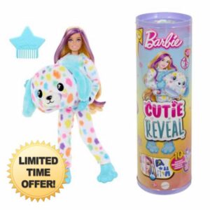 Barbie Cutie Reveal Doll & Accessories with Rainbow Dalmatian Plush Costume & 10 Surprises Including Color Change
