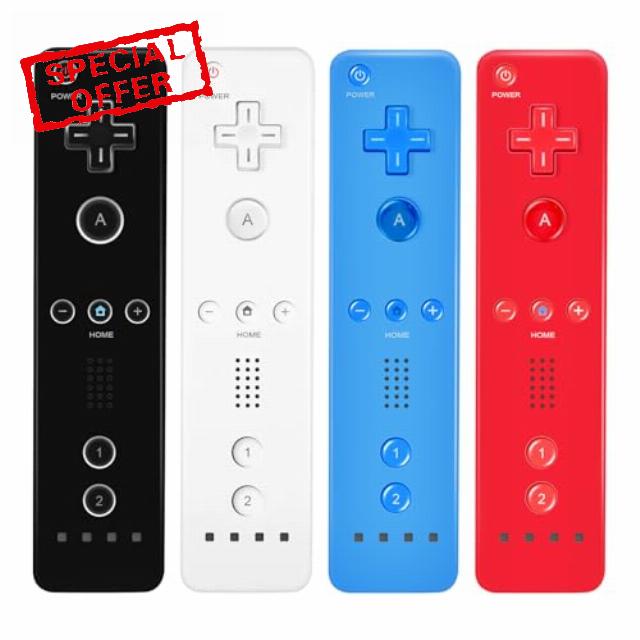 AUFGLO Wii Controller 4 Pack - Wii Remote with Silicone Case and Wrist Strap(Black - White - Red - Blue)