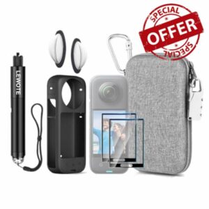 LEWOTE 8 in1 Compatible with Insta360 X3 Accessories Kit[Silicone Camera Case][Dual Lens Guards Cover][Selfie Stick][Screen Protector Film][Carrying Case Bag with Carabiner and Anti-Loss Lock]