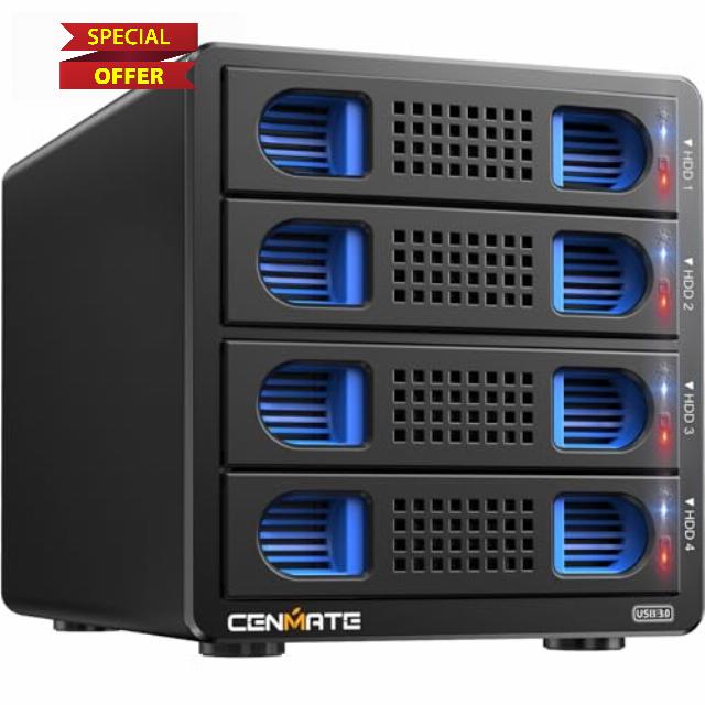 CENMATE 4 Bay Hard Drive Enclosure with Cooling Fan for 2.5/3.5" SATA HDD/SSD With USB A/C 3.0+eSATA Cable