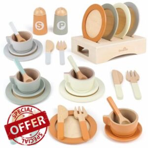 Wooden Tea Set for Toddlers Toy Kitchen Accessories 27 PCS Kids Pots and Pans Playset Wooden Play Food for Toddlers Girls Boys Age 2 3 4