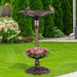 Leaf Shaped Pedestal Bird Feeder Station with Solar Powered Light