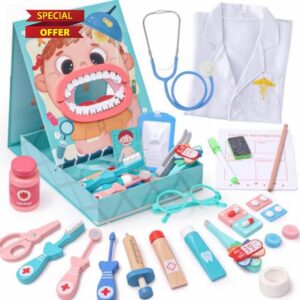 Atoylink Doctors Set for Kids with Wooden Dentist Toys Doctor Dress Up Costume Medical Doctor Playsets Body Cognition Wooden Educational Toy Pretend Play Gifts for Kids Girls Boys 3 4 5 6 Years (Blue)