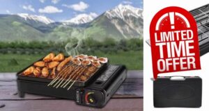 DWD® Sizzle Table-Top Camping Barbecue BBQ Grill - Portable Gas Stove Cooking Burner Grill Tray Powerful 2.3 kW stainless steel burner Complete with 4 skewers & tong