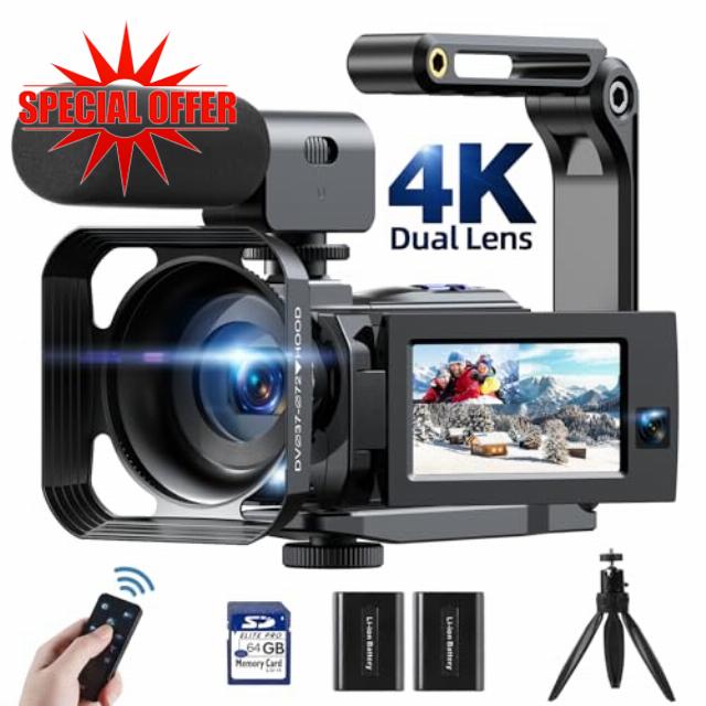 4K Video Camera 56MP Dual Lens Camcorder WiFi IR Night Vision Vlogging Camera for YouTube 16X Digital Zoom 3.0"Touchscreen Video Recorder with 2 Batteries