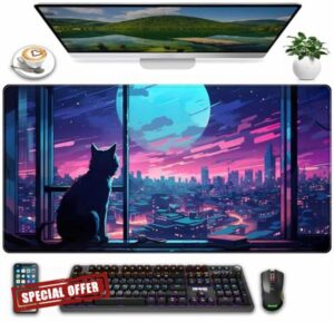 Cool Purple Kawaii Anime Moom Cat Desk Mat XXL Large Gaming Mouse Pad