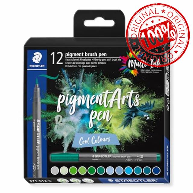 STAEDTLER 371 C12-6 Pigment Arts Brush Pen - Assorted Cool Colours (Pack of 12)