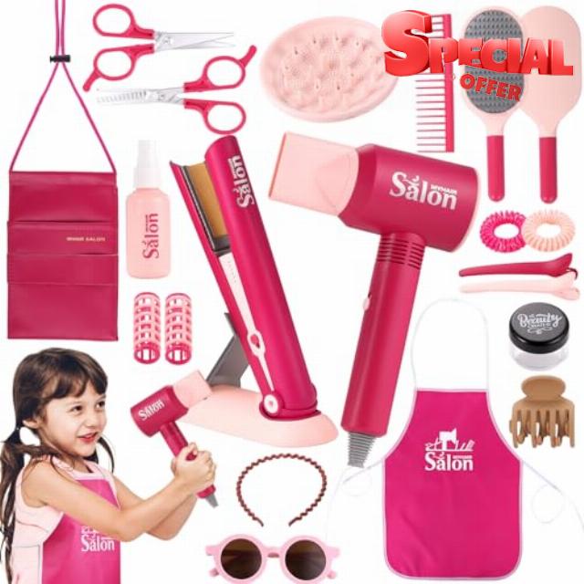 GAGAKU Kids Hairdressing Set Realistic Girl Beauty Salon Playset Hair Styling Set with Blow Dryer Scissors and Stylist Accessories Pretend Play Toys For Girls Age 3-8