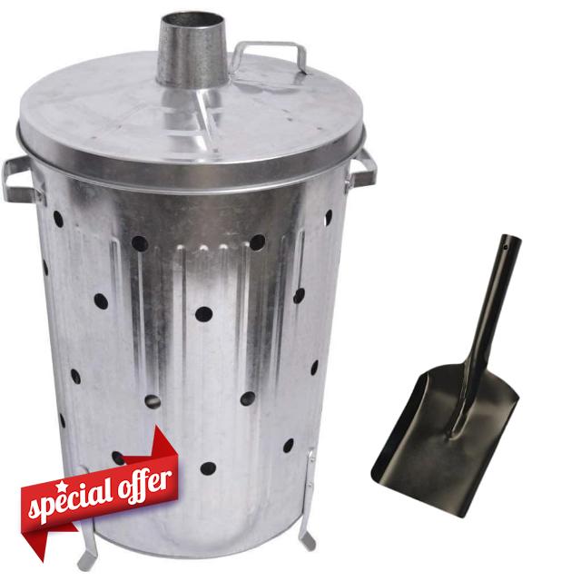 Trendi 90 Litre Extra Large 90L Galvanised Metal Incinerator + Shovel Recycle Garden Rubbish Fire Wood Burner Burning Leaves Hot Ash Bucket Coal & Box Lid (90L Incinerator & Shovel)