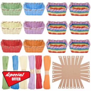 FREEBLOSS 12 Set DIY Basket Weaving Kit Square Raffia Ribbon Basket Creative Woven Bowls for Adults Basketry Kit for Arts and Crafts Projects Basket Activities