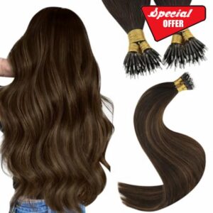 YoungSee Nano Hair Extensions Real Human Hair Brown Nano Ring Hair Extension Brown with Dark Brown Balayage Nano Beads Hair Extensions Human Hair Balayage 16inch Nano Tip Hair Extensions Ombre 50s 50g